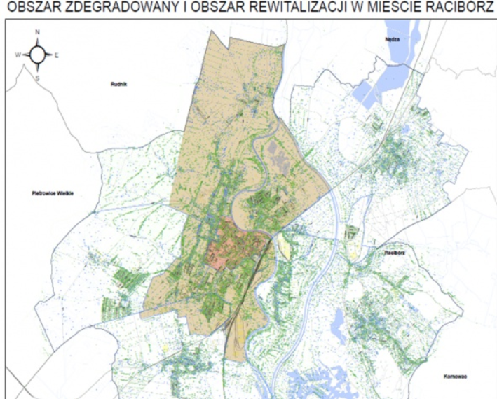 Mapa z zaznaczonym obszarem rewitalizacji