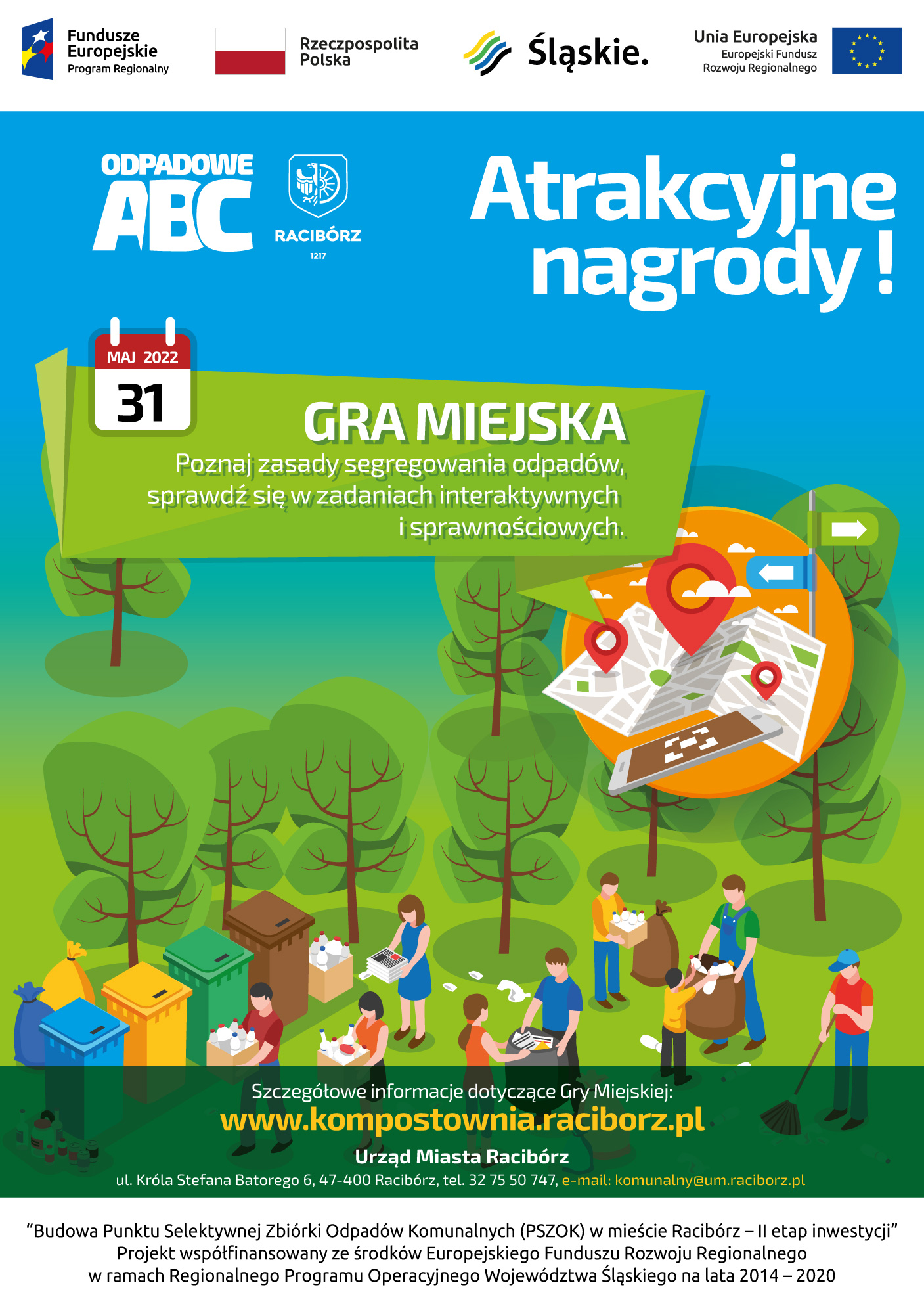 Plakat informacyjny z datą Gry miejskiej 31 maj 2022 i informacjami o finansowaniu z Unii Europejskiej