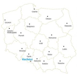 mapa Polski z zaznaczonym Raciborzem