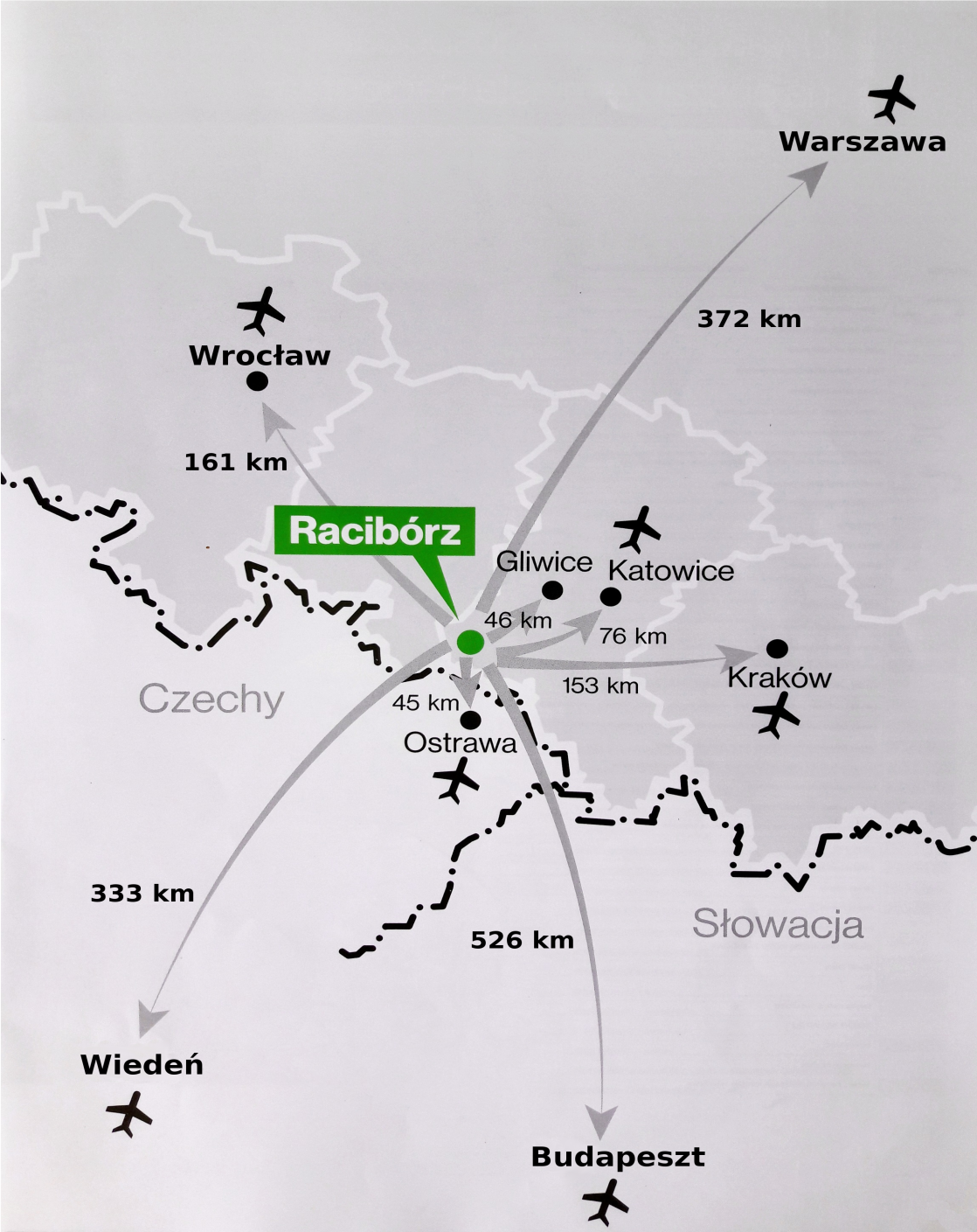 Map of transport connections from Katowice - Pyrzowice airport